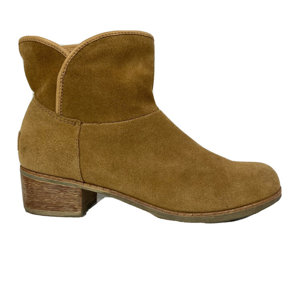 UGG‎ Boots Womens Sz 9 Beige Tan Leather Suede Darling Slip On Block Heel Ankle - Picture 1 of 10